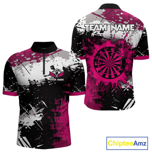 Pink Grunge Paint Splash Dart Polo & Quarter Zip Custom Dart Shirts For Men Darts Team Jerseys TDM3859