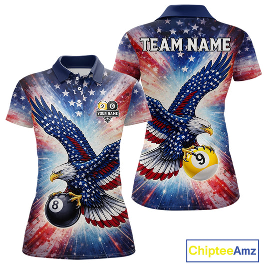 Custom 8 Ball & 9 Ball American Flag Eagle Billiard Shirt For Women, Pool Team Jersey Polo & 1/4 Zip TDM6281