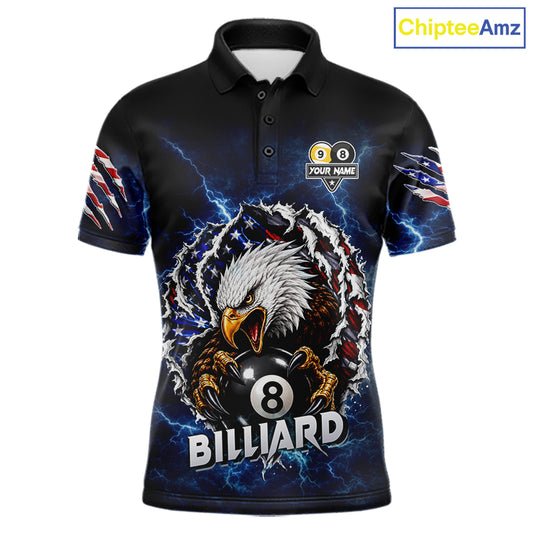 Blue lightning eagle American flag 8 ball and 9 ball billiard polo shirt for men with patriotic pool team graphics.
