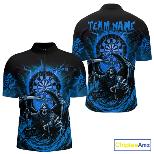 Personalized Blue Grim Reaper Lightning Darts Shirt For Men, Darts Team Jersey Polo & 1/4 Zip TDM5897