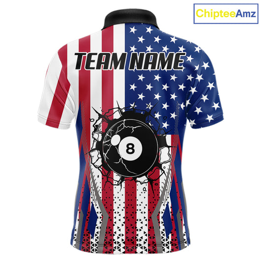 Funny Break 8 Ball Pool Billiard Shirt For Men Custom American Flag Pool Jersey Team Polo, 1/4 Zip TDM6036