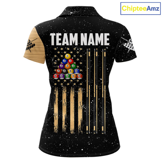 Custom Grunge American Flag 8 Ball Billiard Polo & 1/4 Zip For Women, Pool Team Jersey |Beige TDM5901