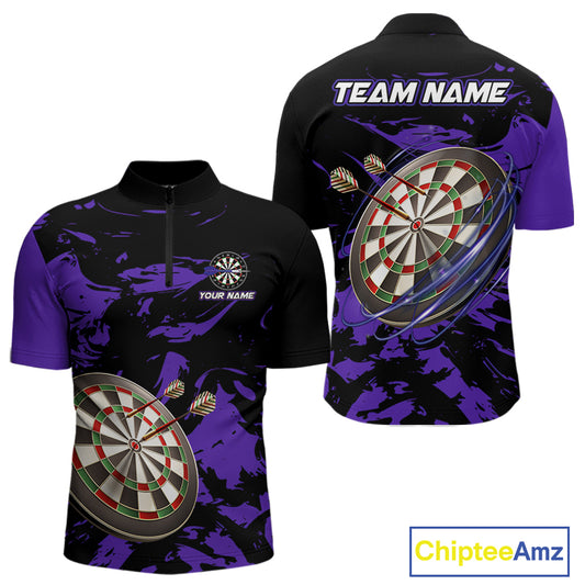 Personalized Black And Purple Splash Dart Polo & Quarter Zip Custom Dart Shirt For Men Darts Jersey TDM4169