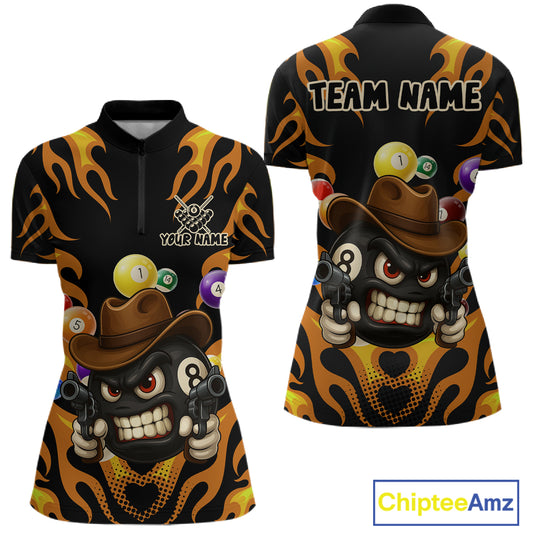 Orange Funny Flame 8 Ball Billiard Shirt For Women Custom Pool Team Jersey Polo & Quarter Zip TDM4986