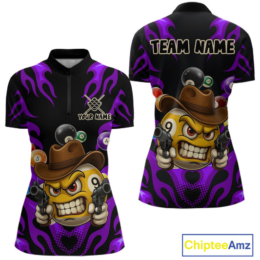 Personalized Purple Funny Flame 9 Ball Billiard Shirt For Women, Pool Team Jersey Polo & 1/4 Zip TDM4988