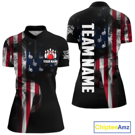 Personalized Smoke American Flag Bowling Jersey For Women Custom Patriotic Bowling Team Shirts TDM7213
