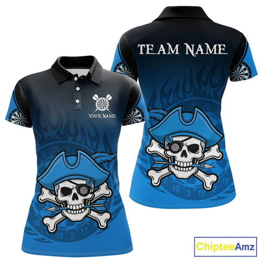 Black And Blue Funny Pirate Flame Skull Darts Shirt For Women Custom Dart Jersey Team Polo, 1/4 Zip TDM5703