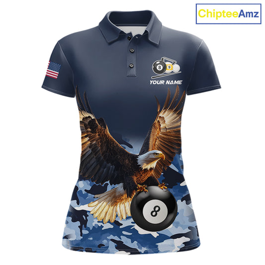 Blue camo eagle 8 ball and 9 ball pool billiard team jersey polo shirt for women featuring blue camouflage artwork with a powerful eagle, premium custom pool league apparel for tournaments and team competition.