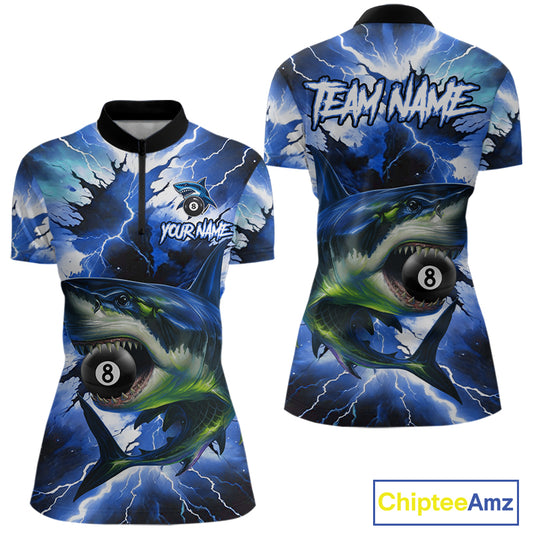 Thunder Lightning Storm Custom Shark Billiard Shirt For Women, 8 Ball Pool Billiard Team Jersey|Blue TDM4571