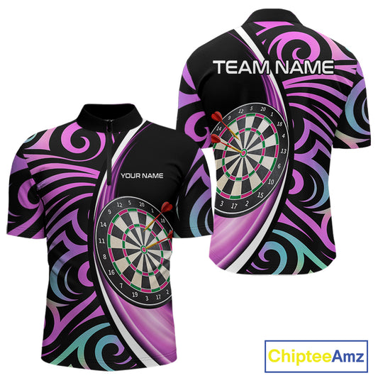 Funny Neon Purple Tribal Dart Shirts For Men – Custom Team Darts Jersey Polo & Quarter Zip TDM3993