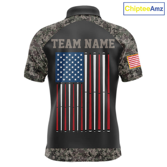 Personalized Retro Camo US Flag Billiard Shirt For Men, 8 Ball Pool Team Jersey Polo & 1/4 Zip TDM6336