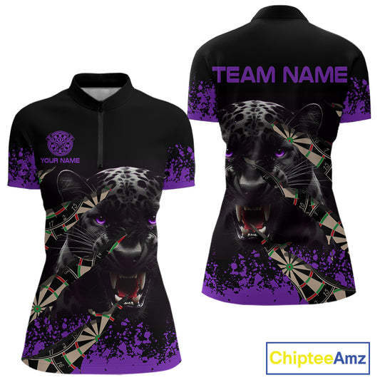 Black And Purple Grunge Panther Darts Shirt Polo & Quarter Zip For Women Custom Darts Team Jersey TDM4583