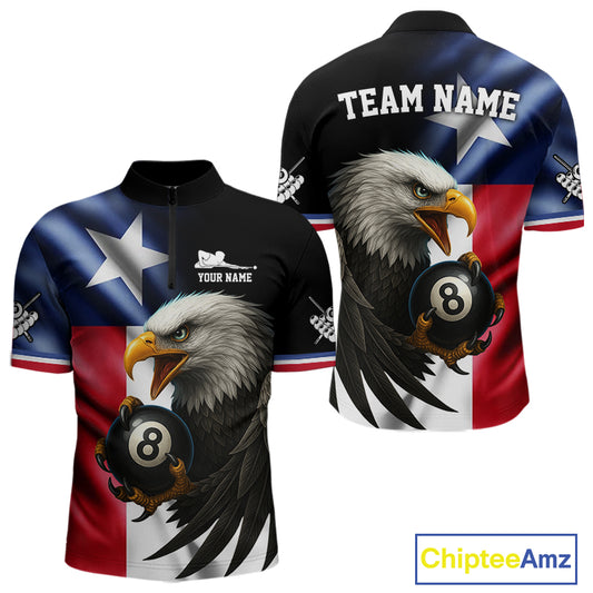 Texas Flag Eagle 8 Ball Men's Billiard Polo & 1/4 Zip Custom Patriotic Team Billiard Pool Jersey TDM5464