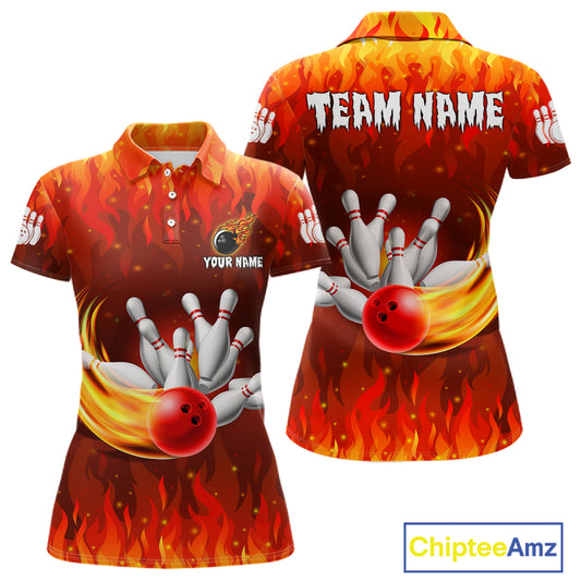 Personalized Flame Red Bowling Shirt For Women Custom Fire Bowling Team Jersey Polo & 1/4 Zip TDM6089