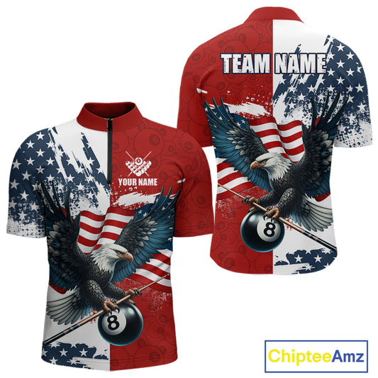 Personalized American Flag Eagle Men Billiard Shirt Custom Patriotic 8 Ball Pool Team Jersey |Red TDM4370