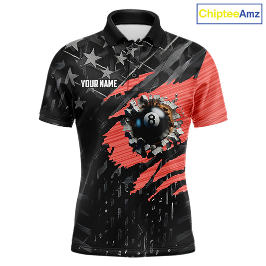 Black American Flag 8 Ball Billiard Shirt For Men Custom Billiard Team Jersey Polo & 1/4 Zip |Red TDM6537