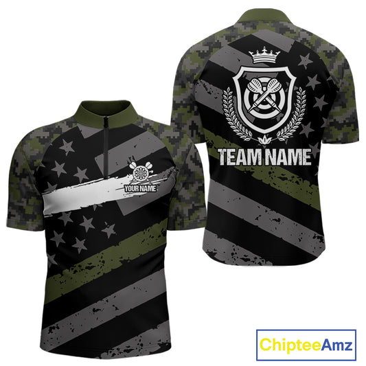 Green Military Camo US Flag Darts Jersey For Men Custom Grunge Darts Shirt Team Polo & Quarter Zip TDM5033