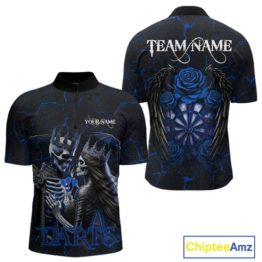 Personalized Skeleton Couple And Roses Gothic Darts Shirt For Men Custom Dart Jersey Outfit|Blue TDM5039