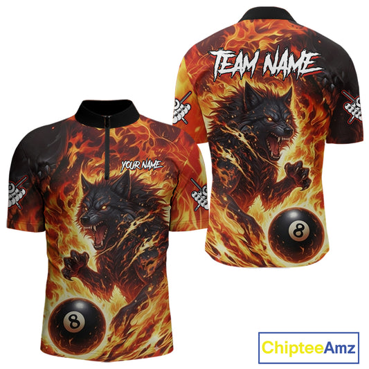 Orange Flaming Wolf 8 Ball Pool Billiard Shirt For Men Custom Billiard League Team Jersey TDM5252