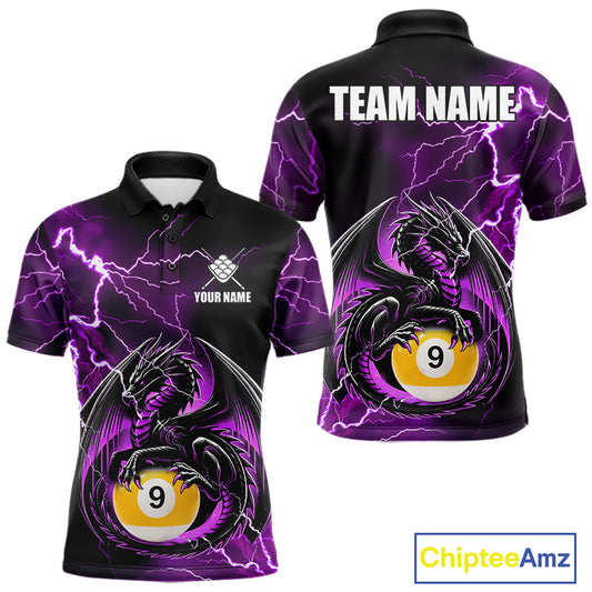 Purple thunder lightning dragon 9 ball billiard polo shirt for men with custom pool team graphics.