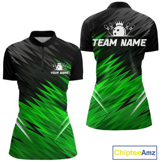Personalized black and green bowling team jersey quarter zip shirt for women featuring bold black and green bowling graphics, premium custom bowling league apparel.