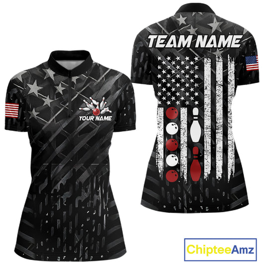 Black American flag patriotic bowling team jersey quarter zip shirt for women featuring bold patriotic American flag artwork, premium custom bowling apparel.