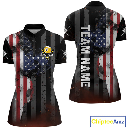 Personalized Vintage Smoke US Flag Billiard Shirts For Women, 9 Ball Pool Patriotic Billiard Jersey TDM4845