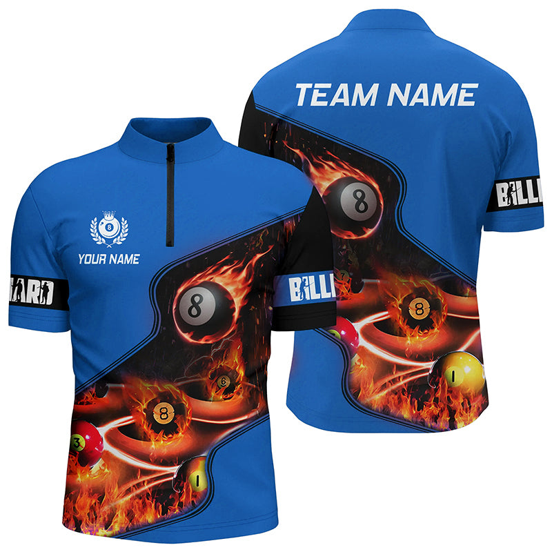Personalized Master Billiard Balls Flame 3D Men Quarter-Zip Shirts, Blue Billiard Jerseys TDM0978