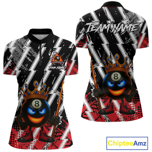 Funny 8 Ball Pool Crown Billiard Shirt For Women Custom Billiard Jersey Team Polo & 1/4 Zip |Red TDM5081
