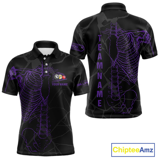 Black And Purple Funny Skeleton Billiard Polo & 1/4 Zip For Men Custom Billiard Pool Team Jersey TDM5798