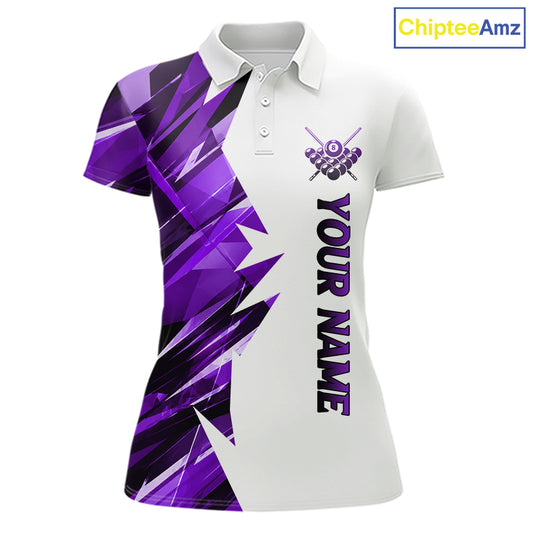 White billiard polo shirt with purple and black designs on front and back, featuring an 8 ball graphic, "Team Name" and "Your Name" text, custom pool team jersey design