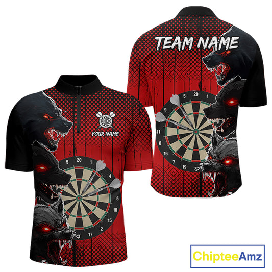 Personalized Red Grunge Wolf Darts Shirt For Men Custom Funny Darts Jersey Team Polo & 1/4 Zip TDM4672