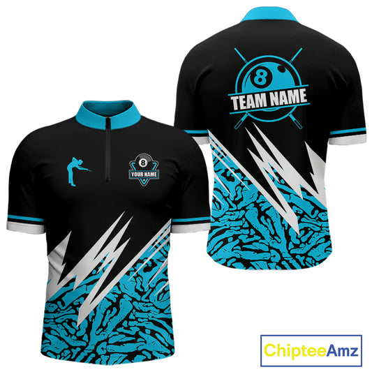 Personalized 8 Ball Billiard Jersey For Men Custom Black & Cyan Blue Pool Team Shirt Polo, 1/4 Zip TDM5107