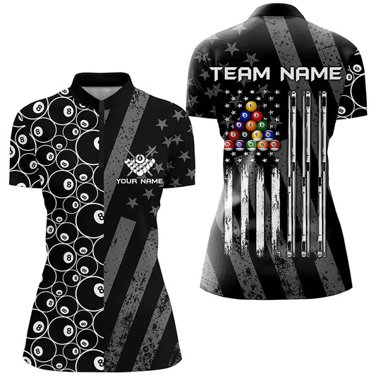 Custom Black Retro US Flag Billiard Polo & Quarter-Zip Shirts For Women, Patriotic Pool Player Shirts TDM1710