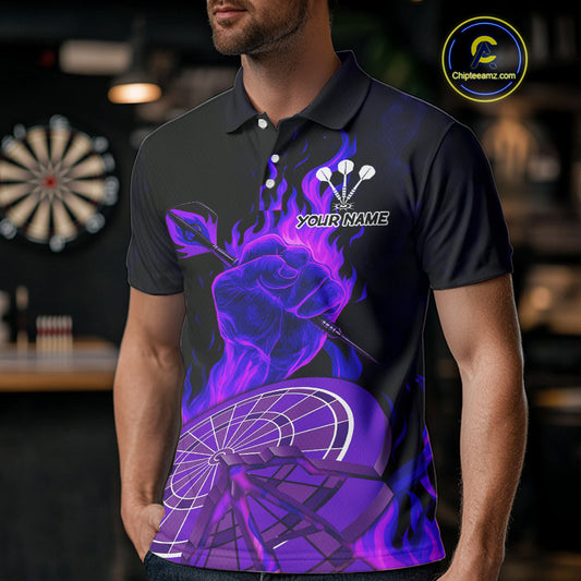 Flame Darts & Crack Dartboard 3D Custom Purple Dart Polo Shirts For Men, Dart Jerseys NYN0810