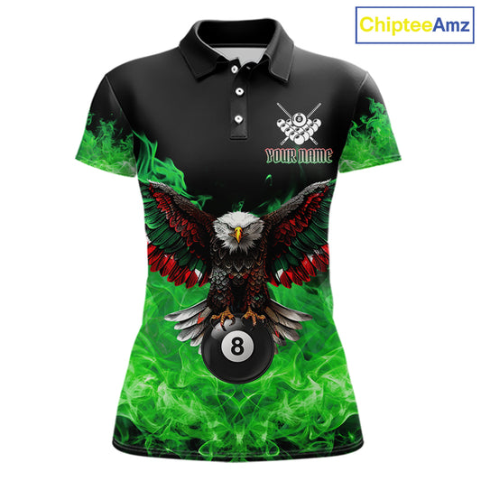Custom green flame eagle skull billiard jersey for women designed for league and tournament play.