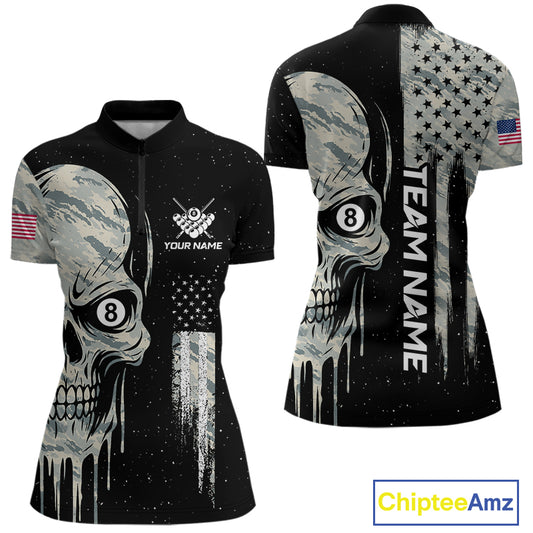 Grunge Camo Skull American Flag Billiard Shirt For Women Custom Patriotic 8 Ball Pool Team Jersey TDM4276