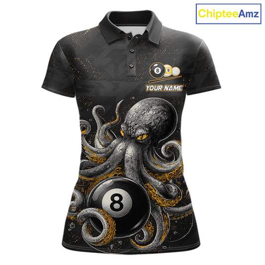 Funny octopus 8 ball and 9 ball billiard polo shirt for women, custom pool team jersey with ocean theme artwork.
