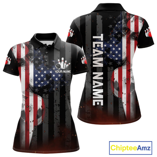 Personalized vintage smoke American flag bowling team jersey quarter zip shirt for women featuring distressed USA flag and smoky vintage artwork, premium custom bowling apparel.