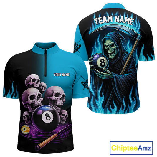 Custom Blue Flaming Grim Reaper 8 Ball Pool Billiard Shirt For Men, Funny Skull Pool Team Jersey TDM4280