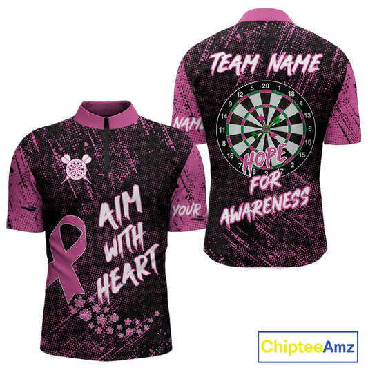 Aim With Heart Pink Ribbon Darts Shirt For Men Custom Breast Cancer Awareness Darts Jersey TDM4469