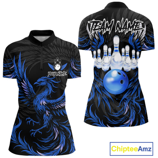 Black and blue phoenix wings bowling quarter zip shirt for women.