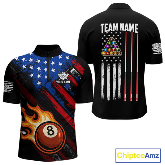 Funny Flame 8 Ball Billiard Shirts For Men Custom Patriotic American Flag Pool Team Jerseys TDM4131