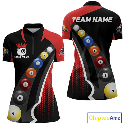 Personalized Red Black Billiard Shirt For Women Custom Funny Pool Balls Team Jersey Polo & 1/4 Zip TDM4496