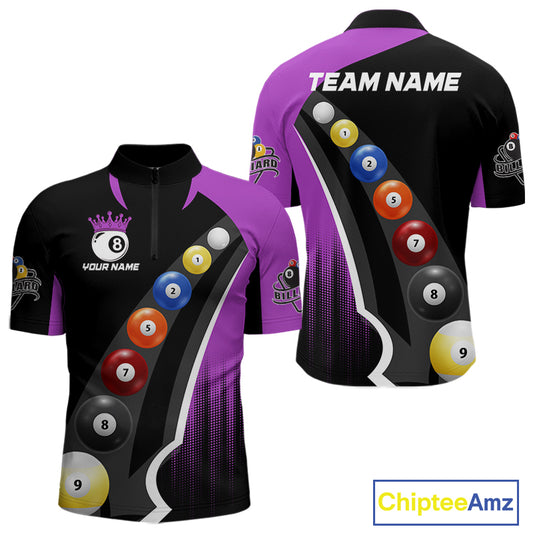Personalized Purple Black Billiard Shirt For Men Custom Funny Pool Balls Team Jersey Polo & 1/4 Zip TDM4498