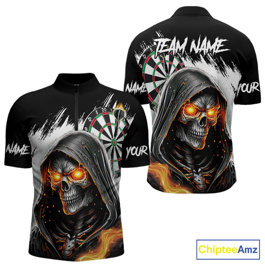 Personalized Grim Reaper Fire Dart Shirts For Men Custom Skull Dart Jersey Polo & 1/4 Zip |White TDM5369