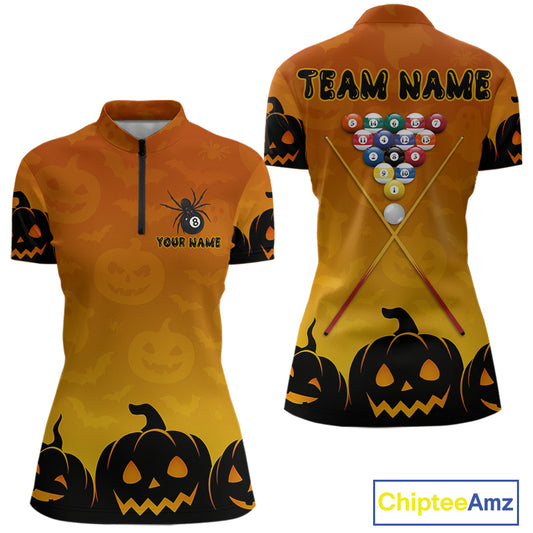 Personalized Orange Black Funny Pumpkin Billiard Shirt For Women Custom Halloween Pool Team Jersey TDM4510
