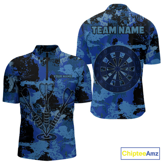 Custom Grunge Blue Camo Arrow Darts Shirts For Men, Retro Darts Jersey Team Polo & 1/4 Zip TDM5664