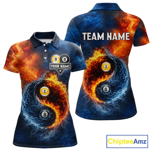 Personalized Water And Fire 8 Ball & 9 Ball Billiard Shirt For Women, Pool Team Jersey Polo & 1/4 Zip TDM6297