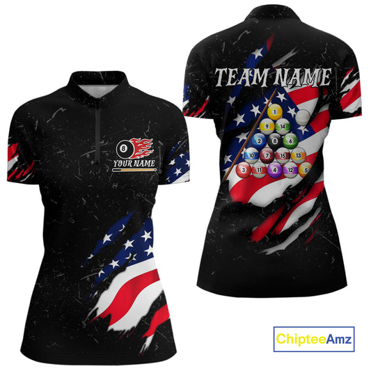 Personalized Black Grunge American Flag Billiard Shirt For Women Custom Patriotic 8 Ball Pool Jersey TDM4757